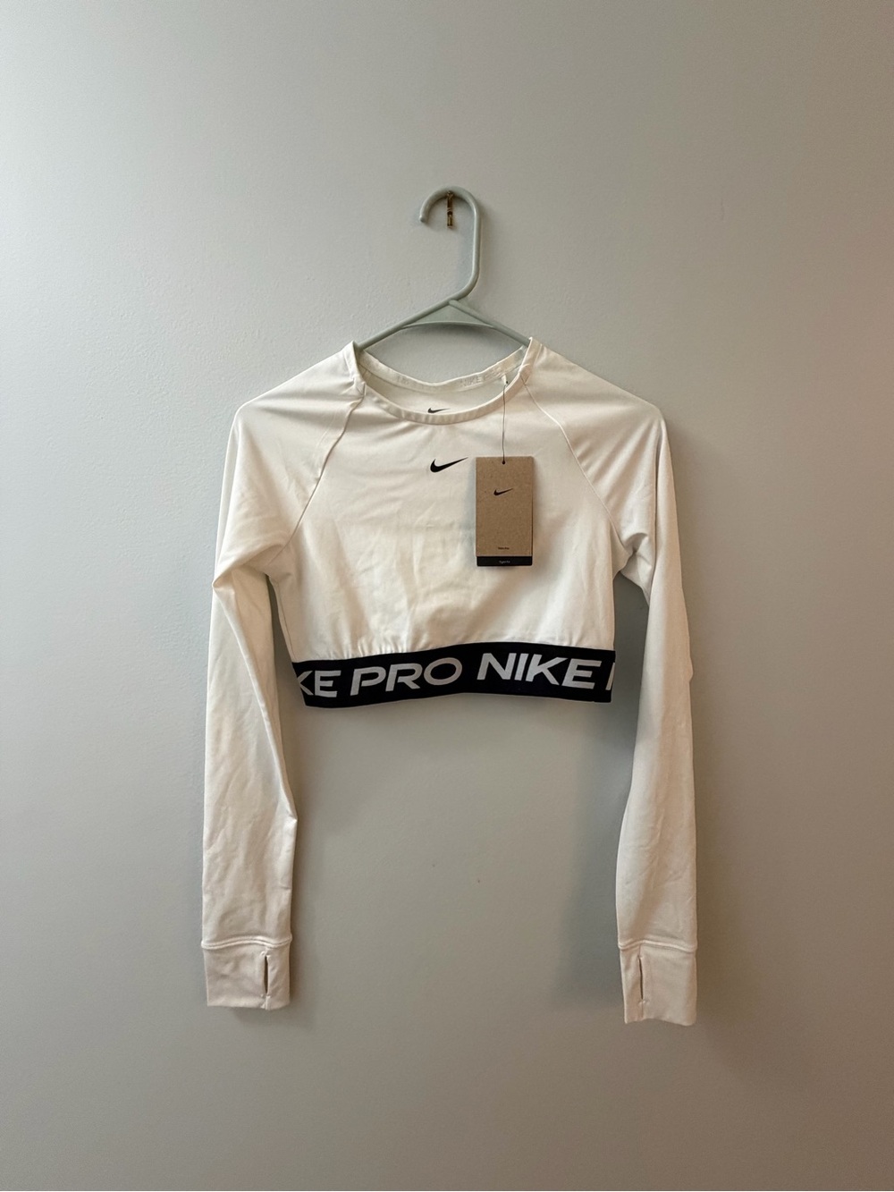 Nike Women’s White Long-Sleeve Pro Crop Top with Black Logo Band